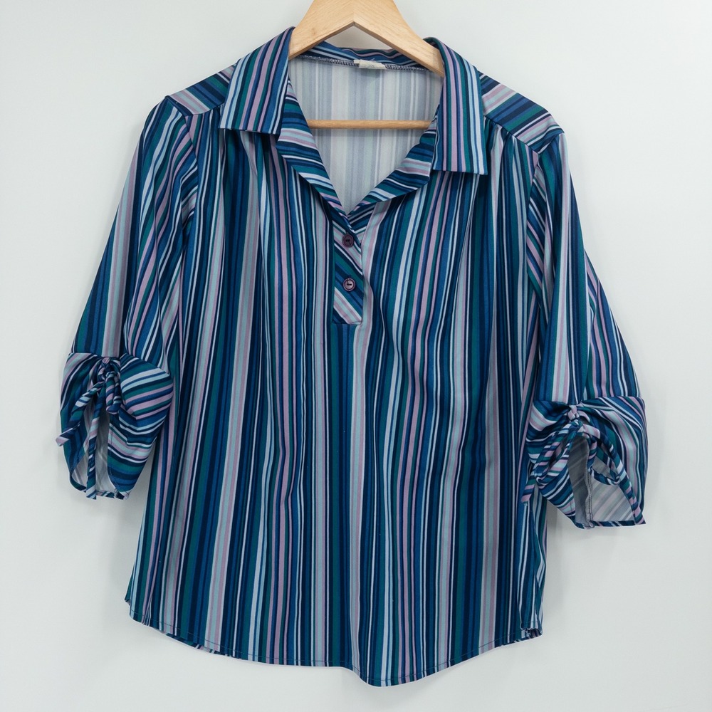 Sears Striped Blouse Womens XL Blue 70s Vintage Retro Disco Tie Sleeve Secretary